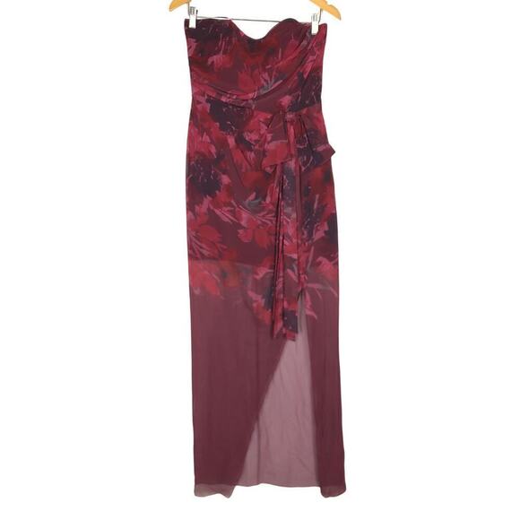 Badgley Mischka Strapless Dress Floral Print Bow Sweetheart Neck Maxi Gown Red 8 - Picture 3 of 10